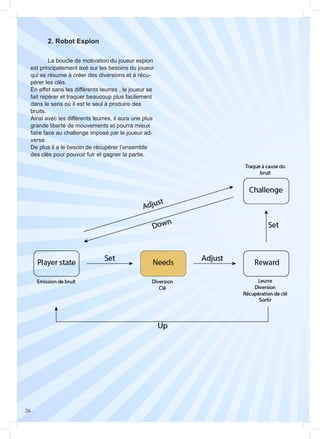 26
	 2. Robot Espion
	
	 La boucle de motivation du joueur espion
est principalement axé sur les besoins du joueur
qui se résume à créer des diversions et à récu-
pérer les clés.
En effet sans les différents leurres , le joueur se
fait repérer et traquer beaucoup plus facilement
dans le sens où il est le seul à produire des
bruits.
Ainsi avec les différents leurres, il aura une plus
grande liberté de mouvements et pourra mieux
faire face au challenge imposé par le joueur ad-
verse.
De plus il a le besoin de récupérer l’ensemble
des clès pour pouvoir fuir et gagner la partie.
 