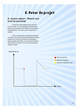 49
A. Joueur espion : Retenir son
bruit de proximité
X. Futur du projet
	 Lorsque le robot-défense est à proximi-
té de sa proie, il a la possibilité d’entendre ses
bruits de proximité qui permettent de le localiser
plus facilement. Ces sons sont constamment
audible.
	 Ainsi le robot-espion possède la capacité
de retenir son bruit de proximité pendant quelque
instants afin de pouvoir feinter son prédateur.
Après quelque secondes, le son de proximité se
réenclenche et produit un son plus fort pendant
quelque instant.
 