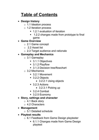 Table of Contents
• Design history
    o 1.1 Ideation process
    o 1.2 Iteration process
          1.2.1 evaluation of iteration
          1.2.2 changes made from prototype to final
            game
• Game Overview
    o 2.1 Game concept
    o 2.2 Asset list
    o 2.3 Target audience and rationale
• Gameplay and Mechanics
    o 3.1 Gameplay
          3.1.1 Objectives
          3.1.2 Playflow
          3.1.3 Decision tree/flowchart
    o 3.2 Mechanics
          3.2.1 Movement
          3.2.2 Objects
               • 3.2.2.1 Using objects
          3.2.3 Actions
               • 3.2.3.1 Picking up
          3.2.4 Combat
          3.2.5 Economy
• Story, settings and character
    o 4.1 Back story
    o 4.2 Characters
• Management
    o 5.1 Detailed schedule
• Playtest results
    o 6.1 Feedback from Game Design playtester
          6.1.1 Changes made from Game Design
            playtest
 