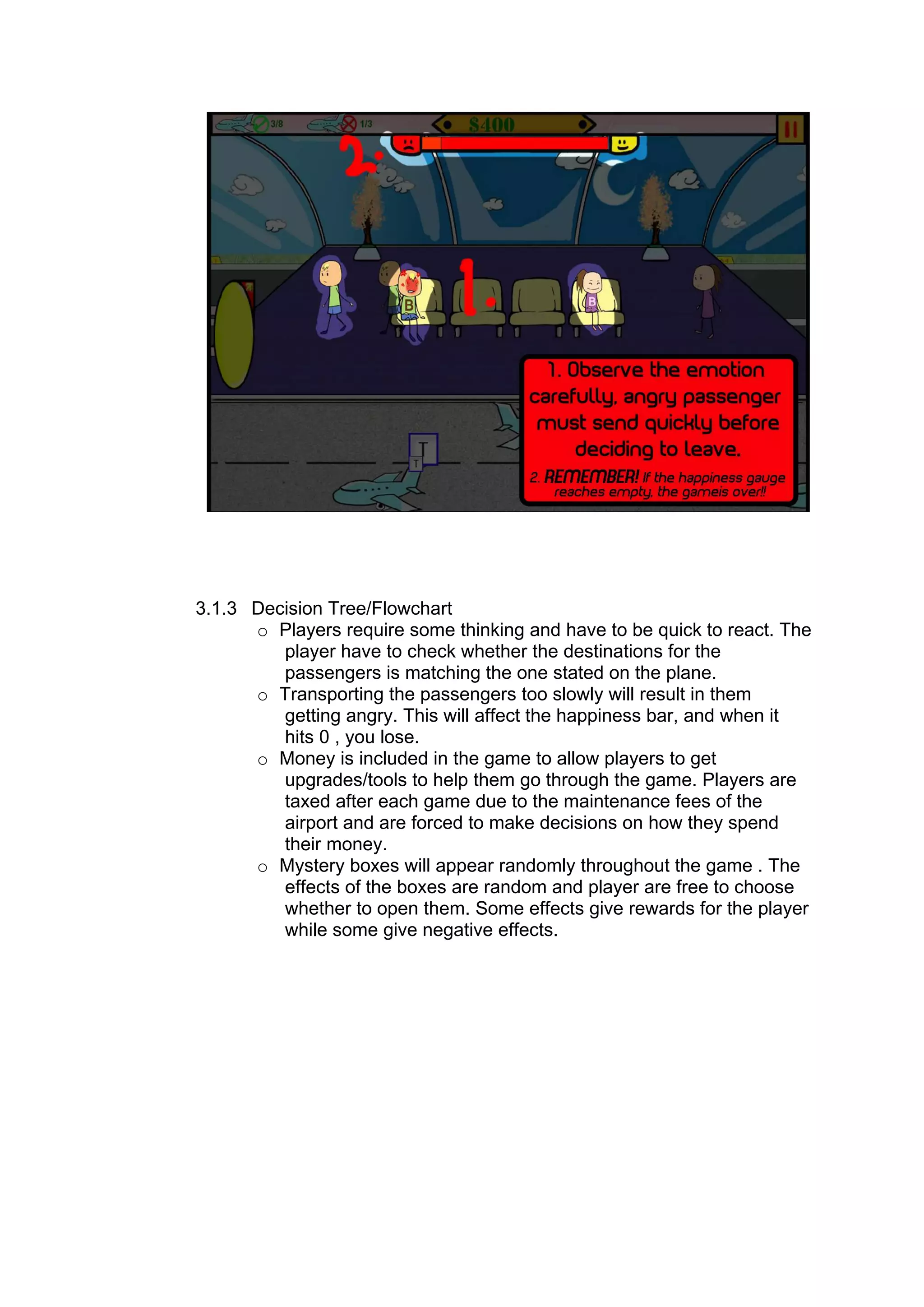 3.1.3 Decision Tree/Flowchart
      o Players require some thinking and have to be quick to react. The
         player have to check whether the destinations for the
         passengers is matching the one stated on the plane.
      o Transporting the passengers too slowly will result in them
         getting angry. This will affect the happiness bar, and when it
         hits 0 , you lose.
      o Money is included in the game to allow players to get
         upgrades/tools to help them go through the game. Players are
         taxed after each game due to the maintenance fees of the
         airport and are forced to make decisions on how they spend
         their money.
      o Mystery boxes will appear randomly throughout the game . The
         effects of the boxes are random and player are free to choose
         whether to open them. Some effects give rewards for the player
         while some give negative effects.
 
