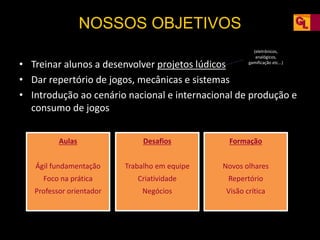 NOSSOS OBJETIVOS
• Treinar alunos a desenvolver projetos lúdicos
• Dar repertório de jogos, mecânicas e sistemas
• Introdução ao cenário nacional e internacional de produção e
consumo de jogos
(eletrônicos,
analógicos,
gamificação etc...)
Aulas
Ágil fundamentação
Foco na prática
Professor orientador
Desafios
Trabalho em equipe
Criatividade
Negócios
Formação
Novos olhares
Repertório
Visão crítica
 
