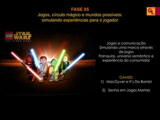 FASE 05
Jogos, círculo mágico e mundos possíveis:
simulando experiências para o jogador
Jogos e comunicação
Simulando uma marca através
de jogos
Franquias, universo semântico e
experiência do consumidor
GAMES:
1) MacGyver e It’s Da Bomb!
2) Senha em Jogos Mortais
 