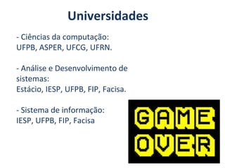 Universidades
- Ciências da computação:
UFPB, ASPER, UFCG, UFRN.
- Análise e Desenvolvimento de
sistemas:
Estácio, IESP, UFPB, FIP, Facisa.
- Sistema de informação:
IESP, UFPB, FIP, Facisa

 