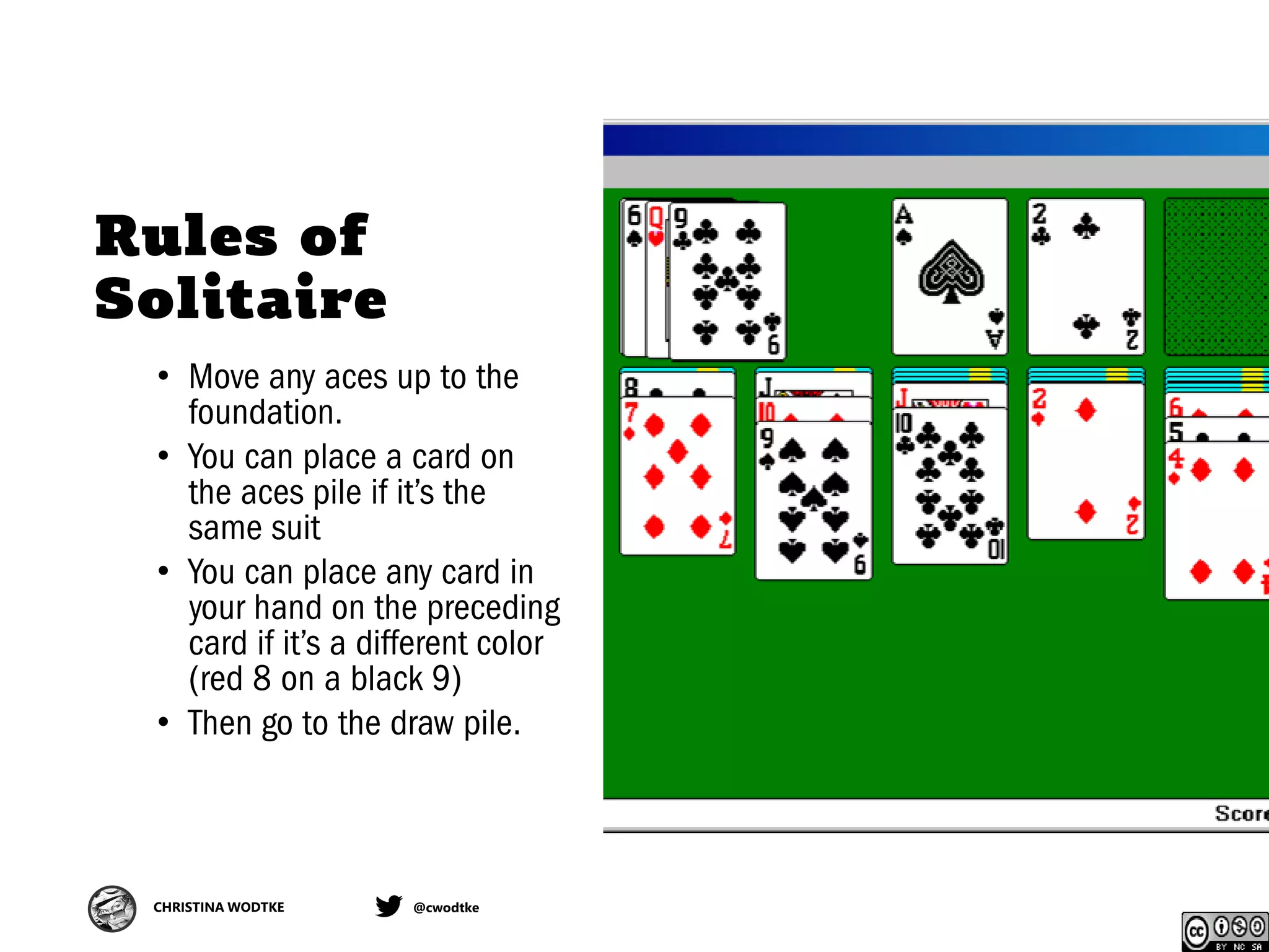 CHRISTINA WODTKE @cwodtke
Rules of
Solitaire
• Move any aces up to the
foundation.
• You can place a card on
the aces pile if it’s the
same suit
• You can place any card in
your hand on the preceding
card if it’s a different color
(red 8 on a black 9)
• Then go to the draw pile.
 