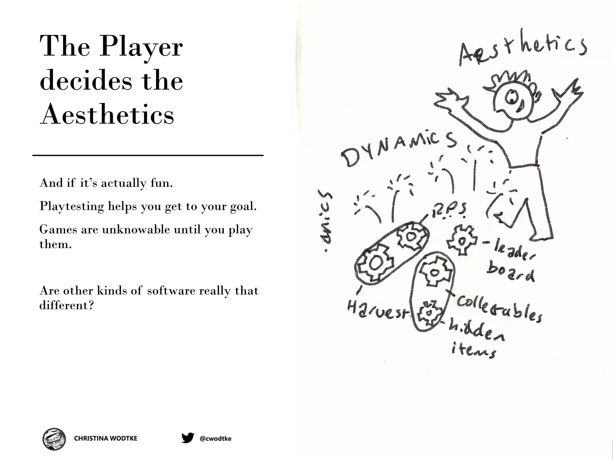CHRISTINA WODTKE @cwodtke
The Player
decides the
Aesthetics
And if it’s actually fun.
Playtesting helps you get to your goal.
Games are unknowable until you play
them.
Are other kinds of software really that
different?
 