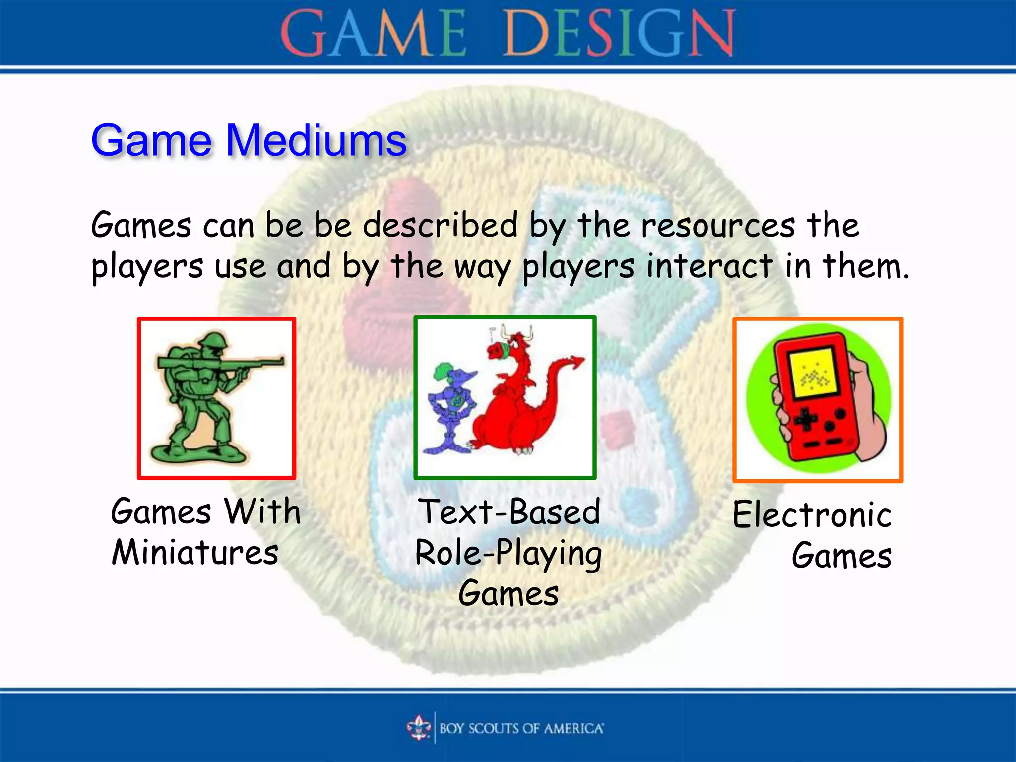 Game Mediums
Games can be be described by the resources the
players use and by the way players interact in them.
Electronic
Games
Text-Based
Role-Playing
Games
Games With
Miniatures
 