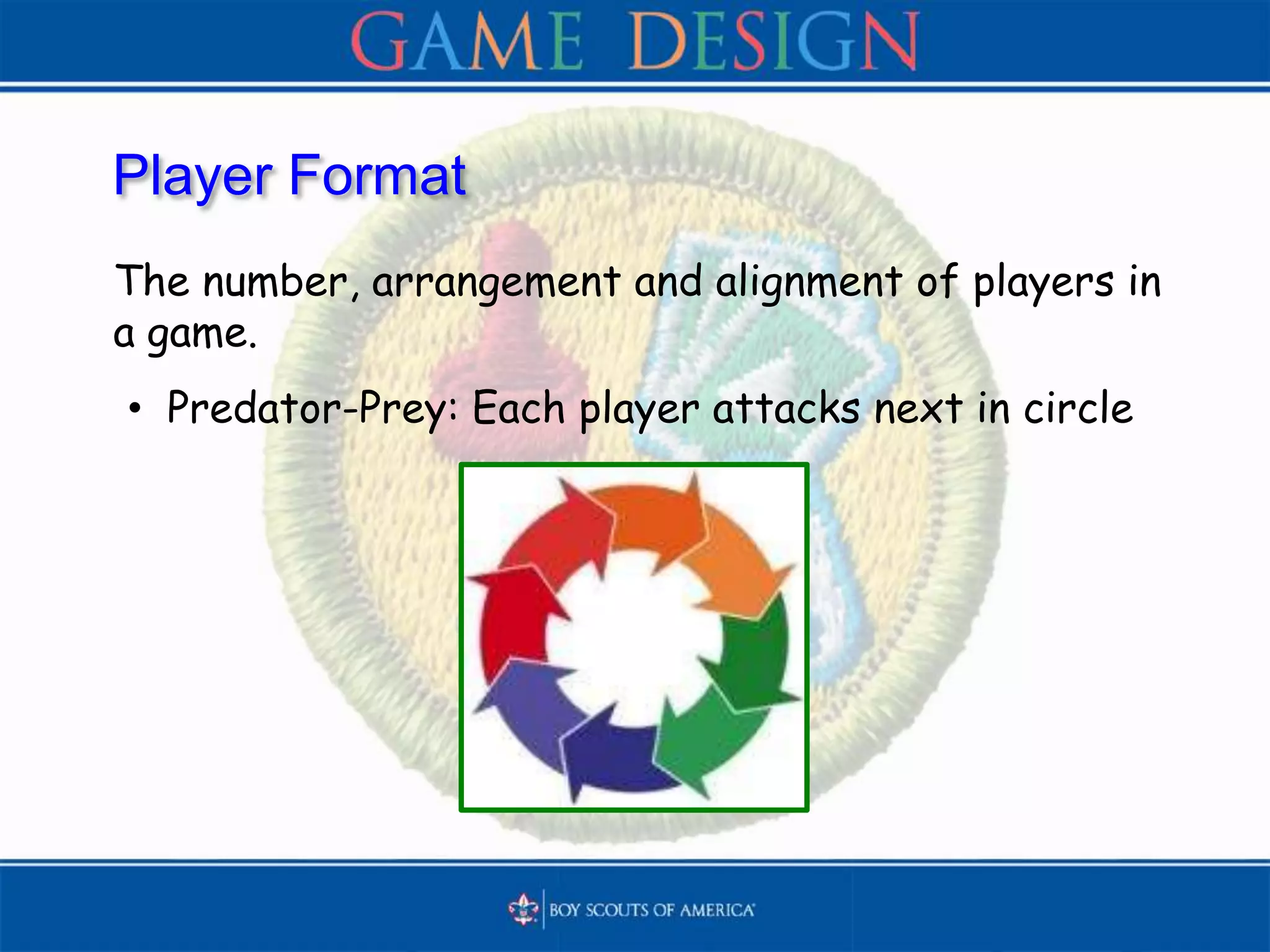 Player Format
The number, arrangement and alignment of players in
a game.
• Predator-Prey: Each player attacks next in circle
 