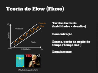 ©2014,AndréKishimoto(www.kishimoto.com.br).Foreducationalpurposesonly.
Teoria do Flow (Fluxo)
Habilidades
Desafios
alto
baixo alto
Ansiedade
Tédio
Canal do
Flow
Tarefas factíveis
(habilidades x desafios)
Concentração
Êxtase, perda da noção do
tempo (“tempo voa”)
Engajamento
Mihaly Csikszentmihalyi
 