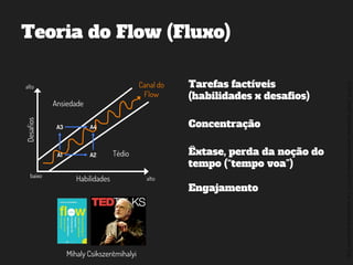 ©2014,AndréKishimoto(www.kishimoto.com.br).Foreducationalpurposesonly.
Teoria do Flow (Fluxo)
Habilidades
Desafios
alto
baixo alto
Ansiedade
Tédio
Canal do
Flow
Tarefas factíveis
(habilidades x desafios)
Concentração
Êxtase, perda da noção do
tempo (“tempo voa”)
Engajamento
A1
A3
A2
A4
Mihaly Csikszentmihalyi
 