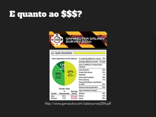 ©2014,AndréKishimoto(www.kishimoto.com.br).Foreducationalpurposesonly.
E quanto ao $$$?
http://www.gamasutra.com/salarysurvey2014.pdf
 
