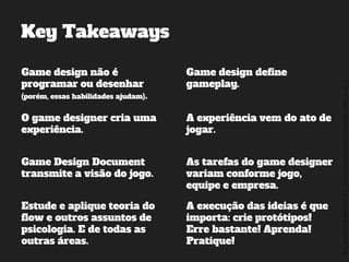 ©2014,AndréKishimoto(www.kishimoto.com.br).Foreducationalpurposesonly.
Key Takeaways
Game design não é
programar ou desenhar
(porém, essas habilidades ajudam).
Game design define
gameplay.
O game designer cria uma
experiência.
Game Design Document
transmite a visão do jogo.
Estude e aplique teoria do
flow e outros assuntos de
psicologia. E de todas as
outras áreas.
A execução das ideias é que
importa: crie protótipos!
Erre bastante! Aprenda!
Pratique!
A experiência vem do ato de
jogar.
As tarefas do game designer
variam conforme jogo,
equipe e empresa.
 