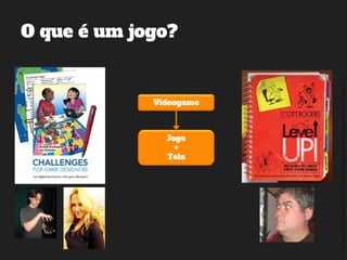 ©2014,AndréKishimoto(www.kishimoto.com.br).Foreducationalpurposesonly.
O que é um jogo?
Videogame
Jogo
+
Tela
 
