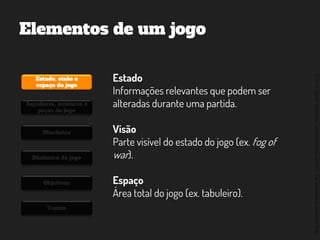 ©2014,AndréKishimoto(www.kishimoto.com.br).Foreducationalpurposesonly.
Elementos de um jogo
Estado, visão e
espaço do jogo
Jogadores, avatares e
peças do jogo
Mecânica
Dinâmica do jogo
Objetivos
Temas
Estado
Informações relevantes que podem ser
alteradas durante uma partida.
Visão
Parte visível do estado do jogo (ex. fog of
war).
Espaço
Área total do jogo (ex. tabuleiro).
 