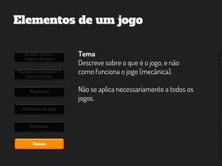 ©2014,AndréKishimoto(www.kishimoto.com.br).Foreducationalpurposesonly.
Elementos de um jogo
Estado, visão e
espaço do jogo
Jogadores, avatares e
peças do jogo
Mecânica
Dinâmica do jogo
Objetivos
Temas
Tema
Descreve sobre o que é o jogo, e não
como funciona o jogo (mecânica).
Não se aplica necessariamente a todos os
jogos.
 
