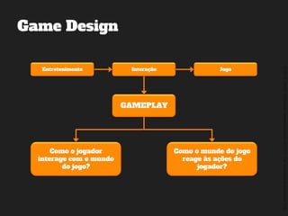 ©2014,AndréKishimoto(www.kishimoto.com.br).Foreducationalpurposesonly.
Game Design
Entretenimento Interação Jogo
GAMEPLAY
Como o jogador
interage com o mundo
do jogo?
Como o mundo do jogo
reage às ações do
jogador?
 