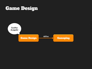 ©2014,AndréKishimoto(www.kishimoto.com.br).Foreducationalpurposesonly.
GameplayGame Design
define
Game Design
Escolhas
do jogador
 