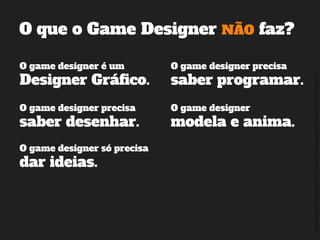 ©2014,AndréKishimoto(www.kishimoto.com.br).Foreducationalpurposesonly.
O que o Game Designer NÃO faz?
O game designer é um
Designer Gráfico.
O game designer precisa
saber programar.
O game designer precisa
saber desenhar.
O game designer
modela e anima.
O game designer só precisa
dar ideias.
 