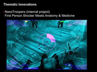 Thematic Innovations
 NanoTroopers

(internal project)
First Person Shooter Meets Anatomy & Medicine

Copyright 2009 Say Design Incorporated. All rights reserved. Say Design confidential.

38

 