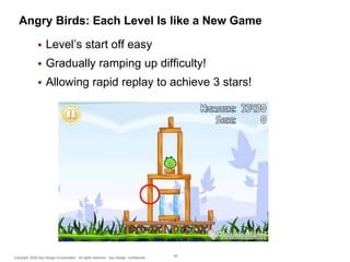 Angry Birds: Each Level Is like a New Game


Level’s start off easy



Gradually ramping up difficulty!



Allowing rapid replay to achieve 3 stars!

Copyright 2009 Say Design Incorporated. All rights reserved. Say Design confidential.

65

 