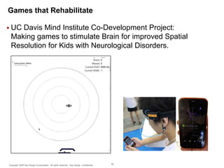 Games that Rehabilitate
 UC

Davis Mind Institute Co-Development Project:
Making games to stimulate Brain for improved Spatial
Resolution for Kids with Neurological Disorders.

Copyright 2009 Say Design Incorporated. All rights reserved. Say Design confidential.

82

 