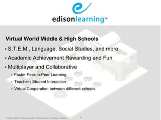 Virtual World Middle & High Schools
 S.T.E.M.,
 Academic

Language, Social Studies, and more
Achievement Rewarding and Fun

 Multiplayer

and Collaborative



Foster Peer-to-Peer Learning



Teacher / Student Interaction



Virtual Cooperation between different schools.

Copyright 2009 Say Design Incorporated. All rights reserved. Say Design confidential.

84

 