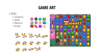 GAME ART
• 2D Art
• Concept art
• Sprites
• Texture art
• UI artist
 