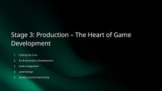 Stage 3: Production – The Heart of Game
Development
1. Coding the Core
2. Art & Animation Development
3. Audio Integration
4. Level Design
5. Quality Control Starts Early
 