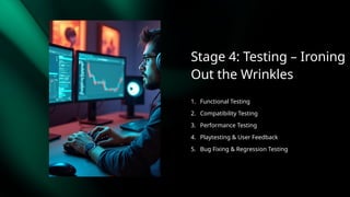 Stage 4: Testing – Ironing
Out the Wrinkles
1. Functional Testing
2. Compatibility Testing
3. Performance Testing
4. Playtesting & User Feedback
5. Bug Fixing & Regression Testing
 