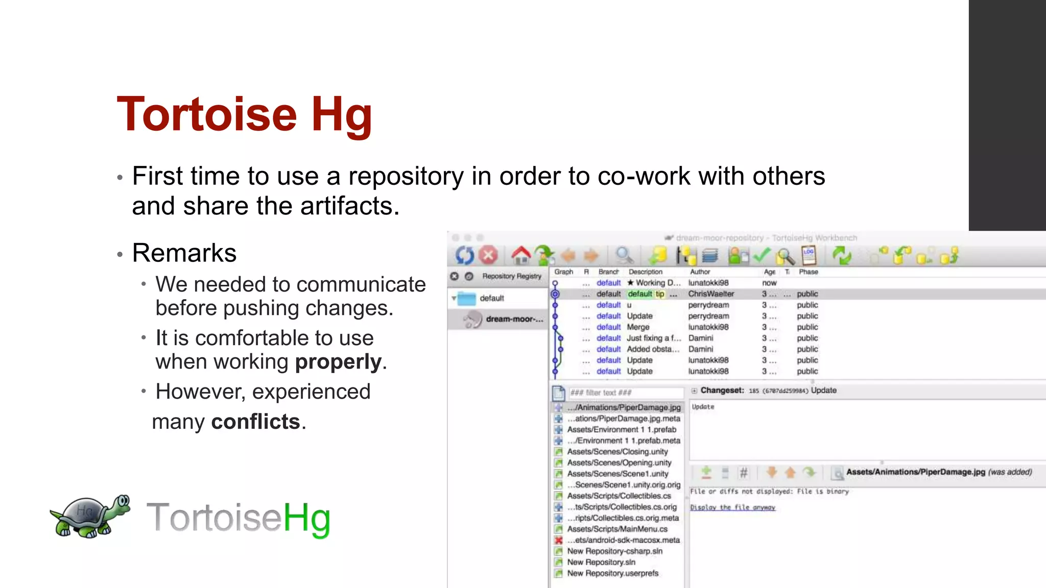 Tortoise Hg
• First time to use a repository in order to co-work with others
and share the artifacts.
• Remarks
 We needed to communicate
before pushing changes.
 It is comfortable to use
when working properly.
 However, experienced
many conflicts.
 