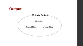 Output
2D Unity Project
Sound files
36 scripts
Image files
 