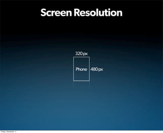 Screen Resolution


                              320 px


                              Phone 480 px




Friday 4 November 11
 