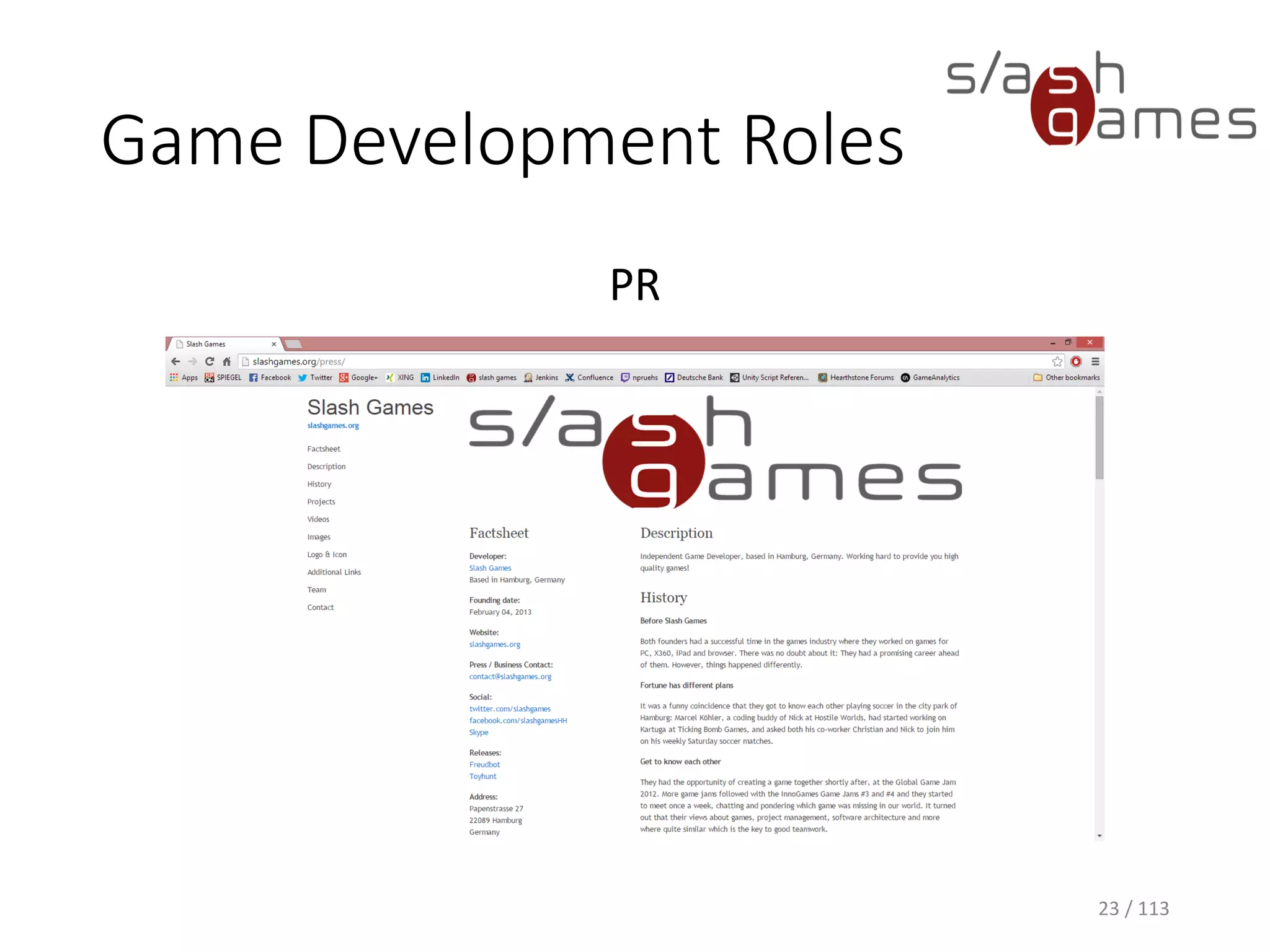 Game Development Roles 
PR 
23 / 113 
 