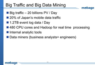 18
Big Traffic and Big Data Mining
 Big traffic – 20 billions PV / Day
 20% of Japan’s mobile data traffic
 1.2TB event log data / Day
 480 CPU cores and Hadoop for real time processing
 Internal analytic tools
 Data miners (business analysts+ engineers)
 