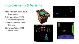 Improvements & Variants
• Atari Football, Atari, 1978
• Screen down
• Asteroids, Atari, 1978
• Initials and High Score
• Galaxian, Namco, 1979
• 8-bit color
• Stratovox, Taito, 1980
• Speech sound
 