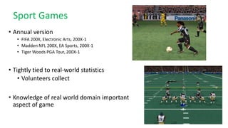 Sport Games
• Annual version
• FIFA 200X, Electronic Arts, 200X-1
• Madden NFL 200X, EA Sports, 200X-1
• Tiger Woods PGA Tour, 200X-1
• Tightly tied to real-world statistics
• Volunteers collect
• Knowledge of real world domain important
aspect of game
 