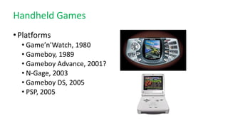 Handheld Games
•Platforms
• Game’n’Watch, 1980
• Gameboy, 1989
• Gameboy Advance, 2001?
• N-Gage, 2003
• Gameboy DS, 2005
• PSP, 2005
 