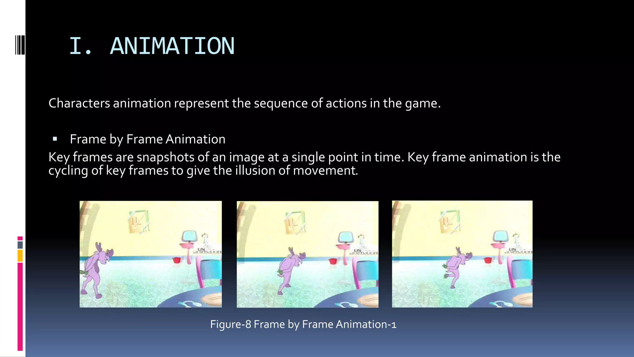 I. ANIMATION
Characters animation represent the sequence of actions in the game.
 Frame by Frame Animation
Key frames are snapshots of an image at a single point in time. Key frame animation is the
cycling of key frames to give the illusion of movement.
Figure-8 Frame by Frame Animation-1
 