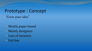 Prototype : Concept
“Grow your idea”
 Mostly paper based
 Mainly designers
 Lots of iteration
 Fail fast
 