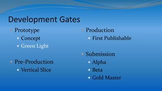 Development Gates
 Prototype
 Concept
 Green Light
 Pre-Production
 Vertical Slice
 Production
 First Publishable
 Submission
 Alpha
 Beta
 Gold Master
 