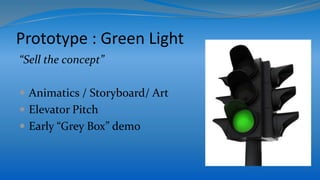 Prototype : Green Light
“Sell the concept”
 Animatics / Storyboard/ Art
 Elevator Pitch
 Early “Grey Box” demo
 