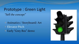 Prototype : Green Light
“Sell the concept”
 Animatics / Storyboard/ Art
 Elevator Pitch
 Early “Grey Box” demo
 