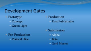 Development Gates
 Prototype
 Concept
 Green Light
 Pre-Production
 Vertical Slice
 Production
 First Publishable
 Submission
 Alpha
 Beta
 Gold Master
 