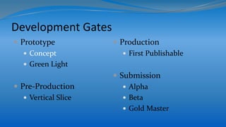 Development Gates
 Prototype
 Concept
 Green Light
 Pre-Production
 Vertical Slice
 Production
 First Publishable
 Submission
 Alpha
 Beta
 Gold Master
 