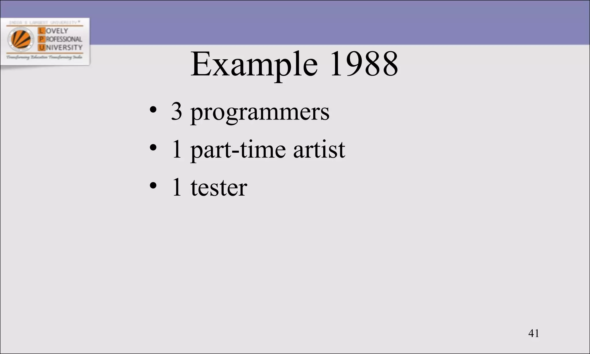 41
Example 1988
• 3 programmers
• 1 part-time artist
• 1 tester
 