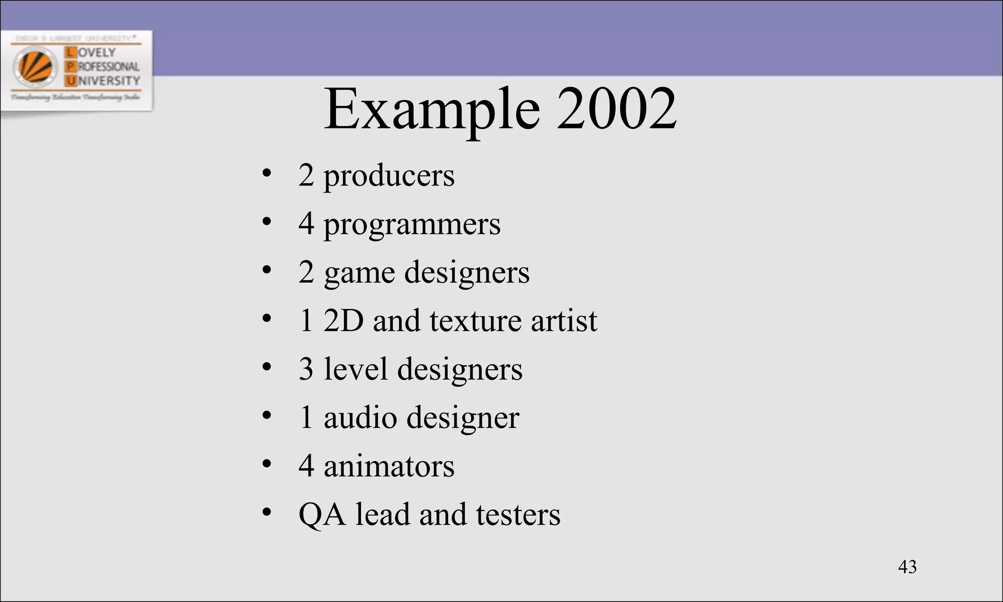 43
Example 2002
• 2 producers
• 4 programmers
• 2 game designers
• 1 2D and texture artist
• 3 level designers
• 1 audio designer
• 4 animators
• QA lead and testers
 