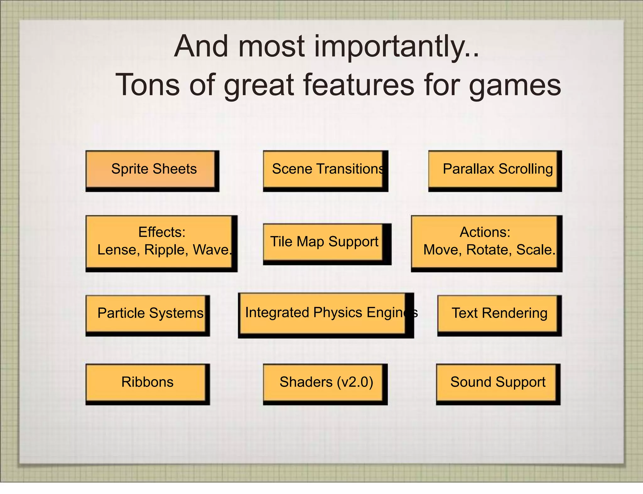 And most importantly..
  Tons of great features for games

  Sprite Sheets             Scene Transitions          Parallax Scrolling



     Effects:                                            Actions:
                           Tile Map Support
Lense, Ripple, Wave..                                Move, Rotate, Scale..



Particle Systems        Integrated Physics Engines       Text Rendering



   Ribbons                   Shaders (v2.0)              Sound Support
 