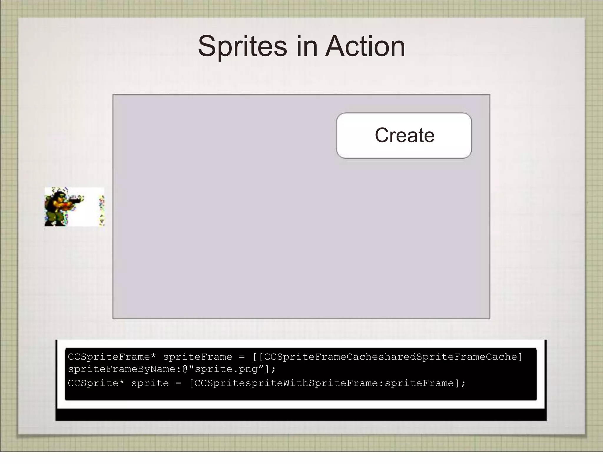 Sprites in Action

                                                Create




CCSpriteFrame* spriteFrame = [[CCSpriteFrameCachesharedSpriteFrameCache]
spriteFrameByName:@"sprite.png”];
CCSprite* sprite = [CCSpritespriteWithSpriteFrame:spriteFrame];
 