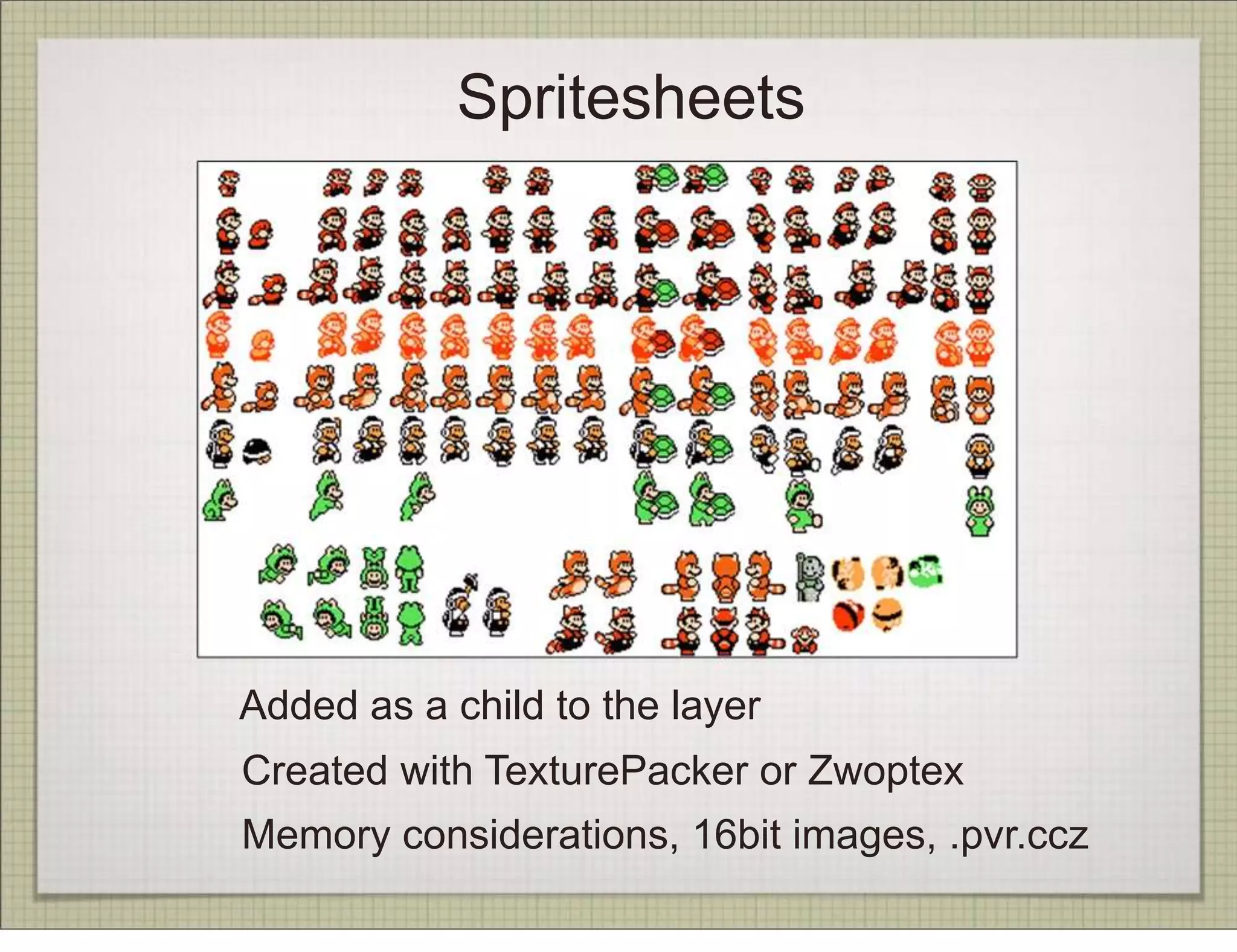 Spritesheets




Added as a child to the layer
Created with TexturePacker or Zwoptex
Memory considerations, 16bit images, .pvr.ccz
 