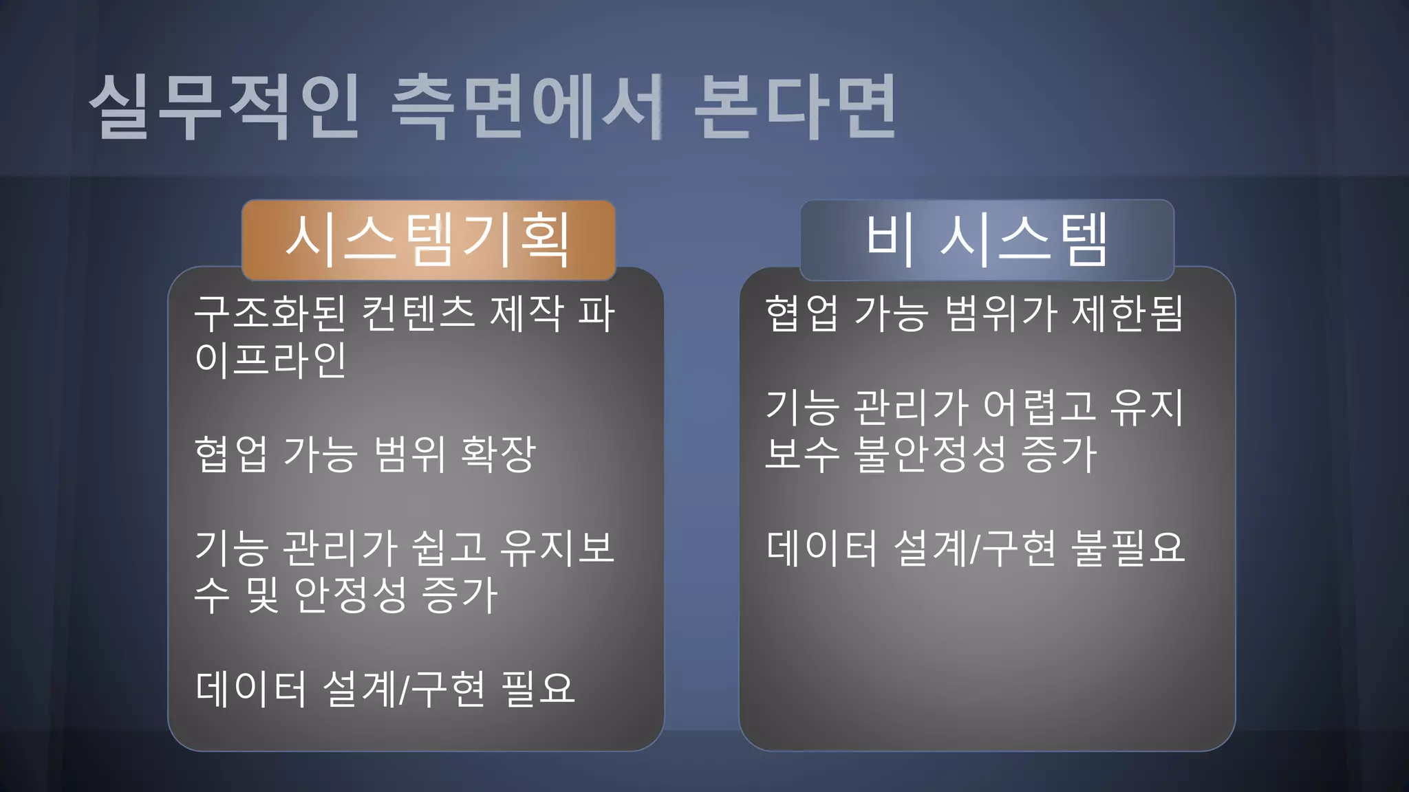 협업 가능 범위가 제한됨
기능 관리가 어렵고 유지
보수 불안정성 증가
데이터 설계/구현 불필요
구조화된 컨텐츠 제작 파
이프라인
협업 가능 범위 확장
기능 관리가 쉽고 유지보
수 및 안정성 증가
데이터 설계/구현 필요
실무적인 측면에서 본다면
시스템기획 비 시스템
 