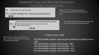 μx

=E(x)=x0p0+x1p1+x2p2+x3p3+x4p4

μx = 0(.482)+5(.386)+15(.116)+25(.015)+50(.0007)=

Mean of x= E(x)= the expected value of x.
An average payout should be $4.08 dollars per
game.

$4.08

σx =

.482(0-4.08)^2+.385(5-4.08)^2+.116(15-4.08)^2+.015(254.08)^2+.0007(50-4.08)^2

The average winnings in this game could deviate
an average of $5.49 from the mean $4.08

$5.49

x=Number of fours rolled
Because there is a $5 buy in to play the
game, the house should make an average of
$.92 per game ($5-$4.08).

P(x=0)Probability of player receiving $0= probability of getting 0 fours=
.482
P(x=1)Probability of player receiving $5= .386
P(x=2)Probability of player receiving $15= .116
P(x=3)Probability of player receiving $25= .015
P(x=4)Probability of player receiving $50= .0007

 